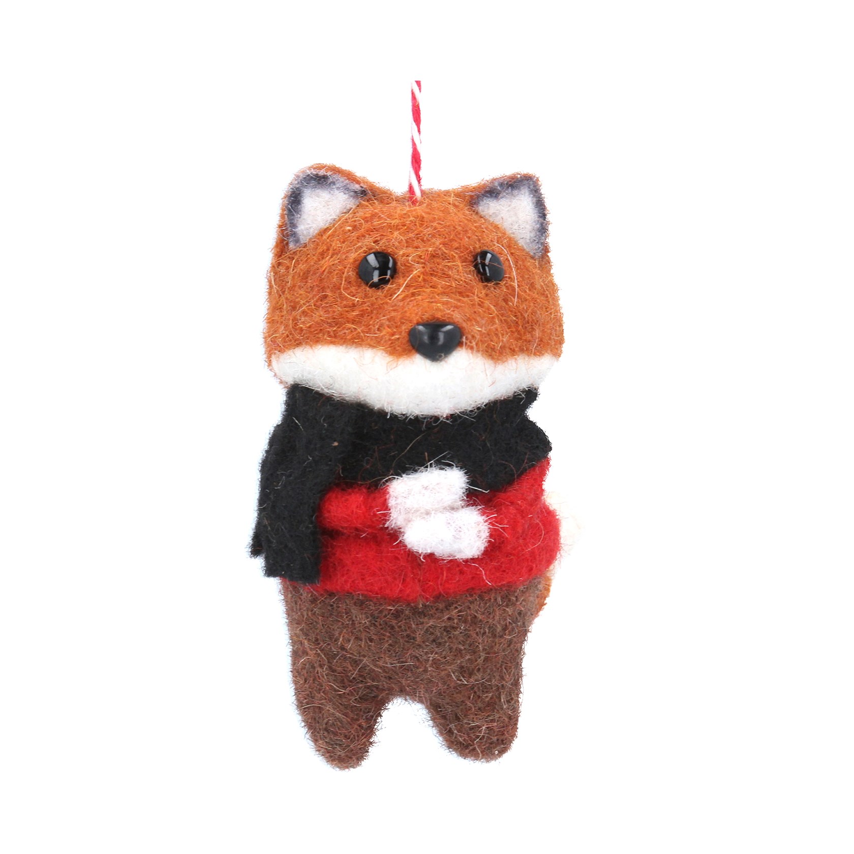 Wool fox with bow tie and jumper hanging Christmas decoration. By Gisela Graham. The perfect festive addition to your home.